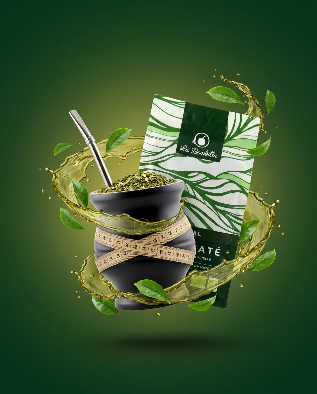 Calebasse La Bombilla entourée d'un mètre ruban et sachet de yerba maté bio